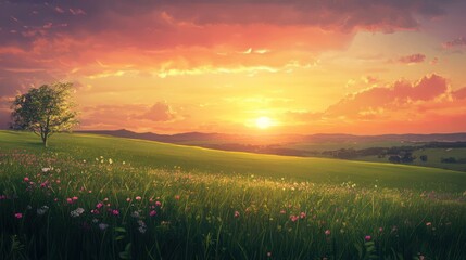 meadow with flowers in the afternoon on a sunny day
