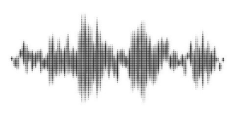 Black halftone vector sound waves flow isolated on a white background. Waveform pattern for music, dictaphone, podcast, voice message, or social media background. Spectral music frequency illustration