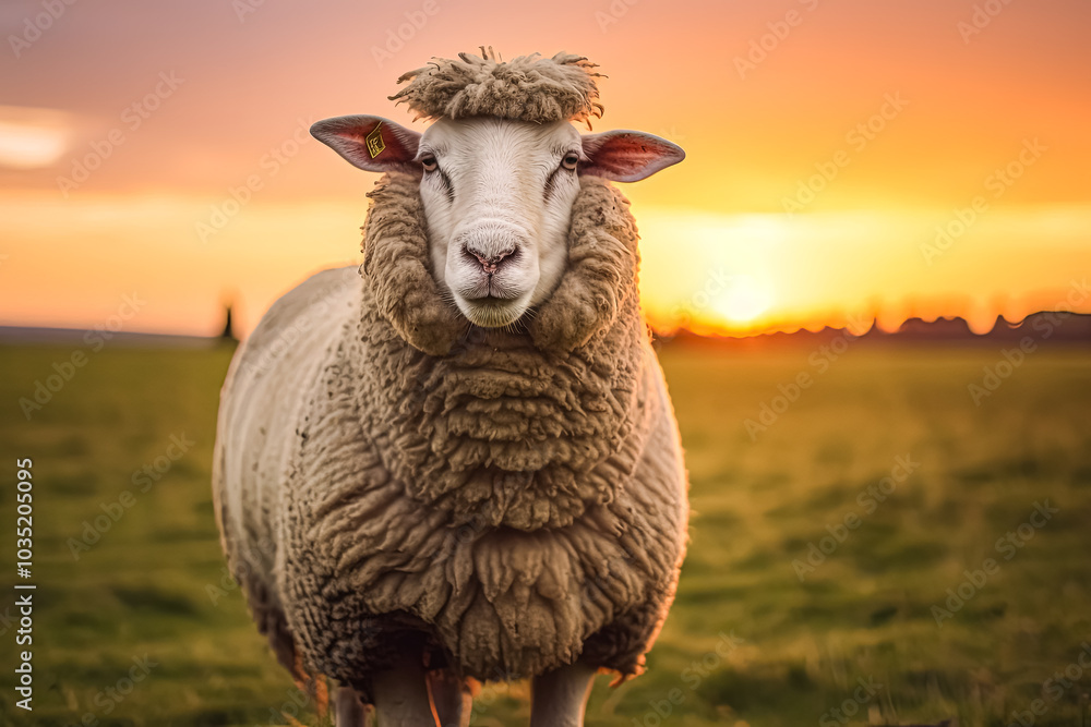 Poster sheep is standing in a field with the sun setting behind it.
