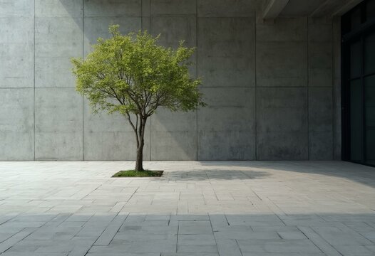 Solitary Tree Surrounded By Raw Concrete Walls And Square Tiles