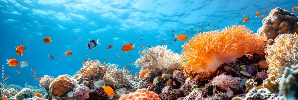 Poster stunning underwater scene showcasing a thriving coral reef ecosystem filled with a diverse array of 