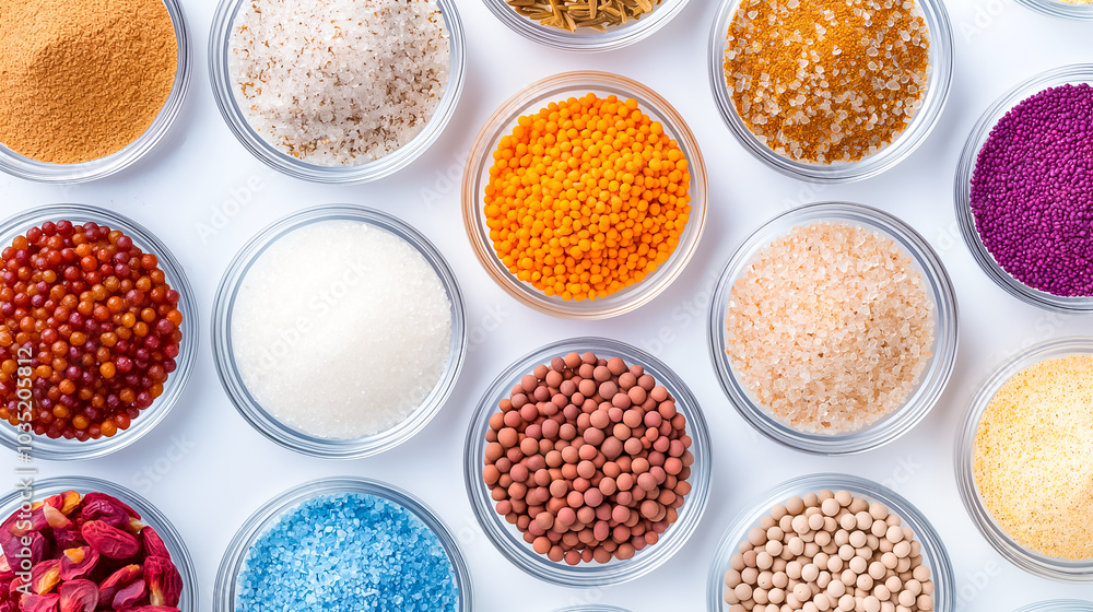 Poster various spices and ingredients are beautifully arranged in transparent bowls, showcasing an array of
