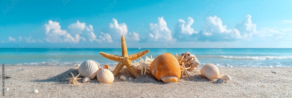 Poster tranquil beach scene with scattered seashells and starfish on the sandy shore with ocean waves gentl