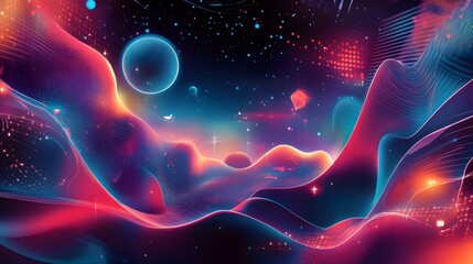 Futuristic abstract design with floating neon geometric shapes and glowing energy patterns