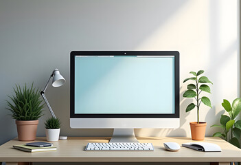 Modern computer with blank screen on desk, space for design. Comfortable workplace
