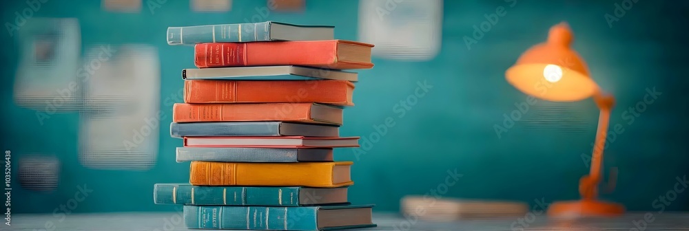 Poster vibrant stack of multicolored books with a warm glowing desk lamp illuminating a cozy productive stu