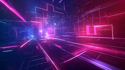 Futuristic abstract design with floating neon geometric shapes and glowing energy patterns