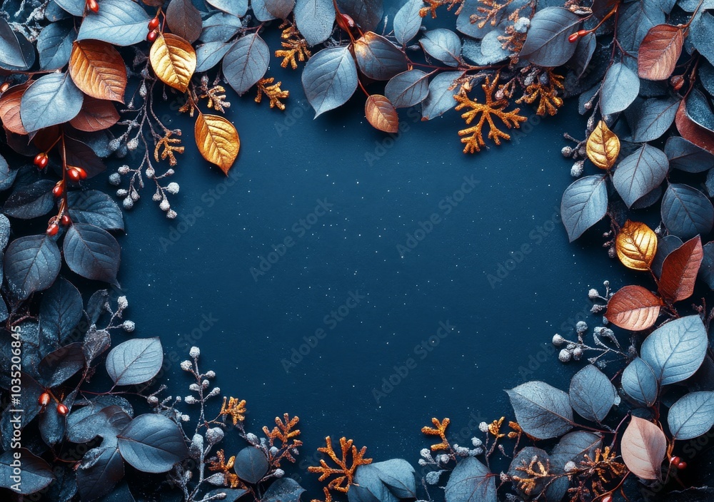 Poster holiday background. empty place for text in a frame of silver leaves and snowflakes. design element 