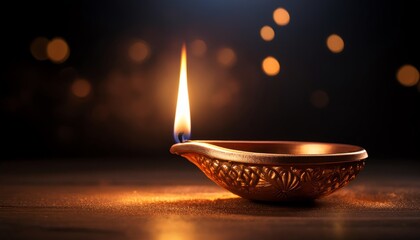 A beautifully lit oil lamp with a flickering flame, set against a dark background adorned with soft bokeh, creating a serene and warm atmosphere.