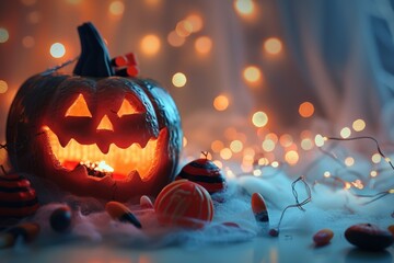 A festive Halloween pumpkin perched atop a colorful pile of candy, perfect for decorating or adding to themed events