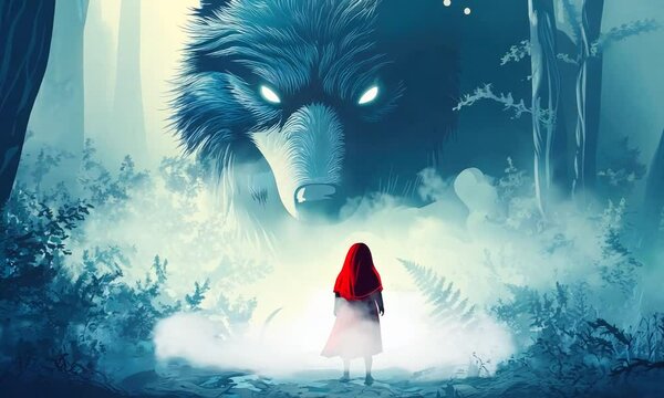 girl in red cloak meets wolf in mystical forest