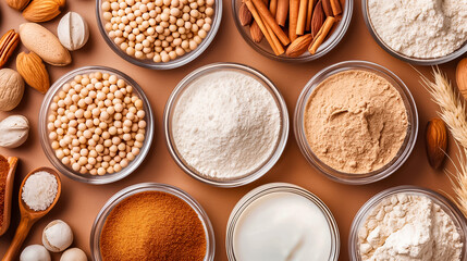 An assortment of spices, nuts, and flours is arranged in glass jars on a wooden surface, highlighting essential ingredients for cooking and baking enthusiasts.