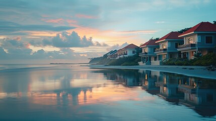 Fototapeta premium A serene beach scene at sunset with houses in the background, ideal for travel or real estate projects