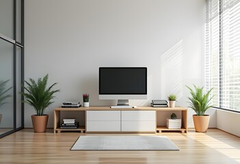 Modern computer with blank screen on desk, space for design. Comfortable workplace
