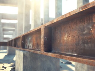 Rusty steel beam in construction site, sunlight filtering through.