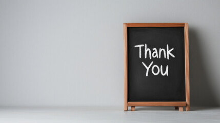 Small chalkboard with "Thank You" written in white chalk propped against a plain background, minimalism, gratitude, simple design, chalkboard message