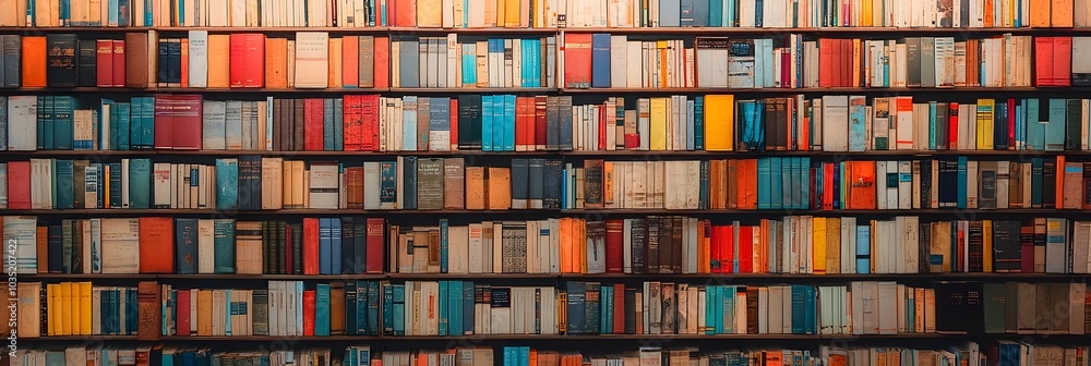 Poster Warm and inviting library bookshelves with rows of hardcover books creating a cozy and scholarly atmosphere perfect for reading research and immersing oneself in the world of literature