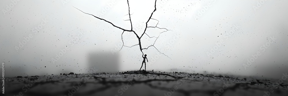 Poster visually striking abstract design featuring an intricate network of cracked glass surface forming ca