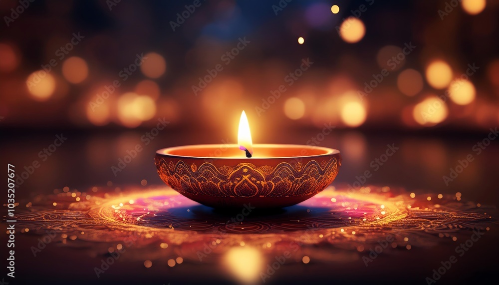Poster a beautifully crafted diya lit with a warm glow, surrounded by shimmering patterns and soft bokeh li