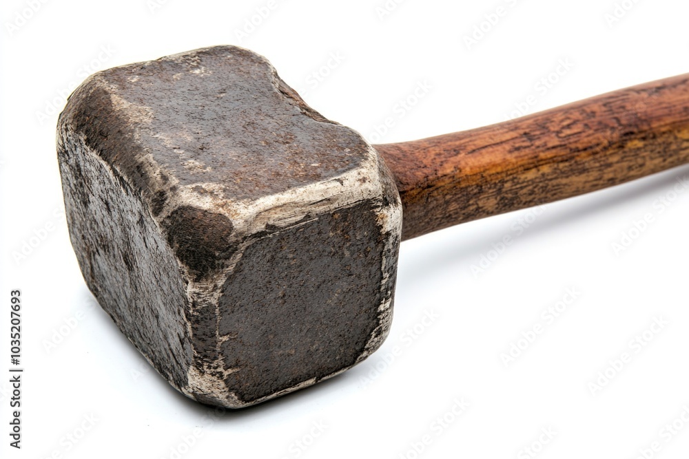 Poster a close-up of a hammer with a wooden handle placed on a clean white surface, suitable for diy tutori