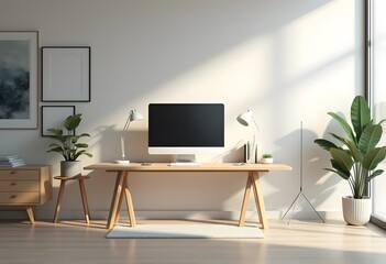 Modern computer with blank screen on desk, space for design. Comfortable workplace
