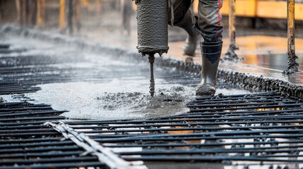 A close-up shot of a concrete pump operator directing the flow of concrete into formwork for a high-rise building foundation, Concrete pumping scene, Fluid delivery style