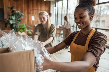 Young Black woman smiling, volunteering in a community space with a friend.