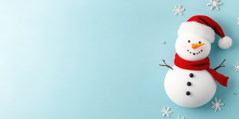 Fototapeta premium Cheerful Snowman with Santa Hat and Snowflakes