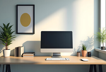 Modern computer with blank screen on desk, space for design. Comfortable workplace
