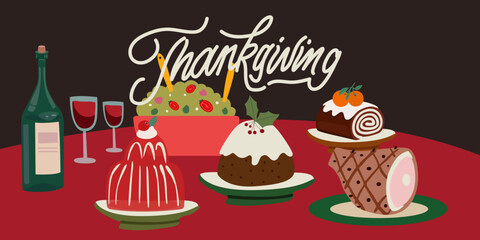 Happy thanksgiving day retro concept. Family celebrating Thanksgiving day and eating delicious food together. Delicious traditional holiday dishes on plates. Roast turkey, salad, cupcake, jelly, wine