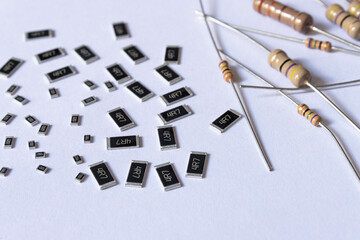 Various smd and through hole resistors, electronic components