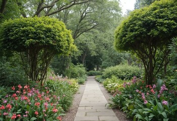 Garden Pathway Surrounded By Vibrant Flowers And Greenery In Serene Setting