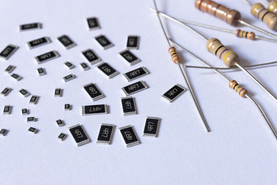 Various smd and through hole resistors, electronic components