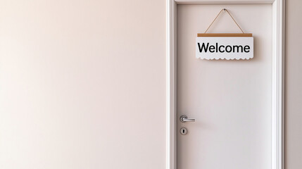 Simple door with a "Welcome" sign hanging on it against a neutral background, minimalism, inviting entrance, simple design, door with welcome sign