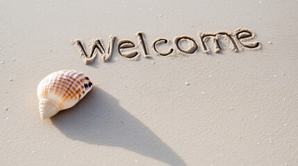 Close-up of "Welcome" written in sand with a seashell beside it, minimal distractions, inviting message, simplicity, beach scene