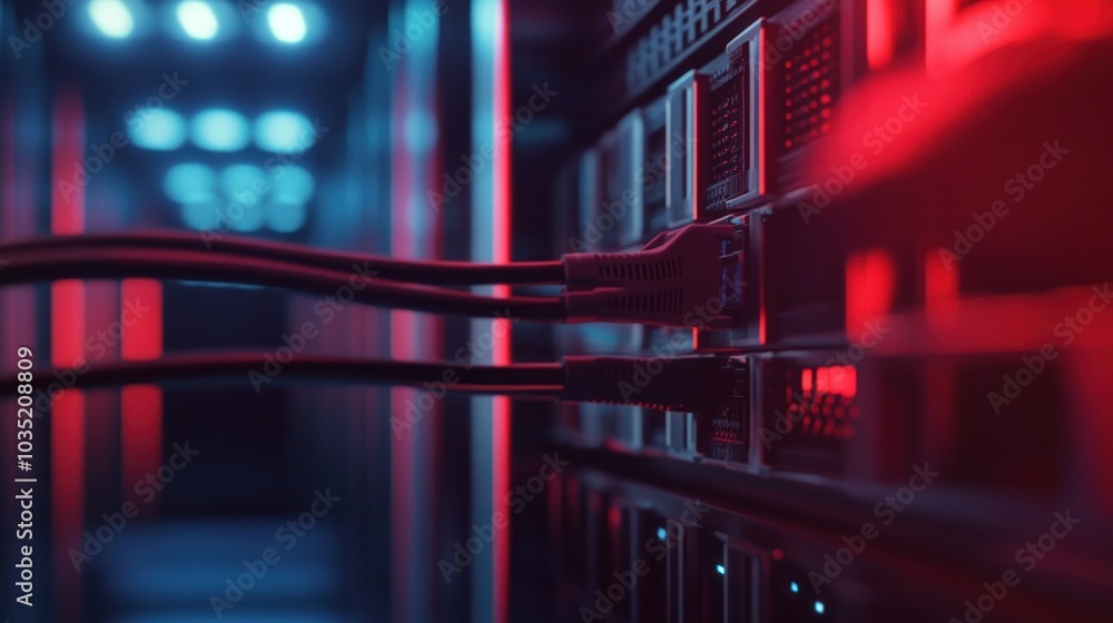 Poster server rack with cables in a data center