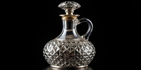 Elegant antique crystal decanter featuring a silver neck, ideal for sophisticated home decor and stylish bar accessories, beautifully showcased on a bold black backdrop.