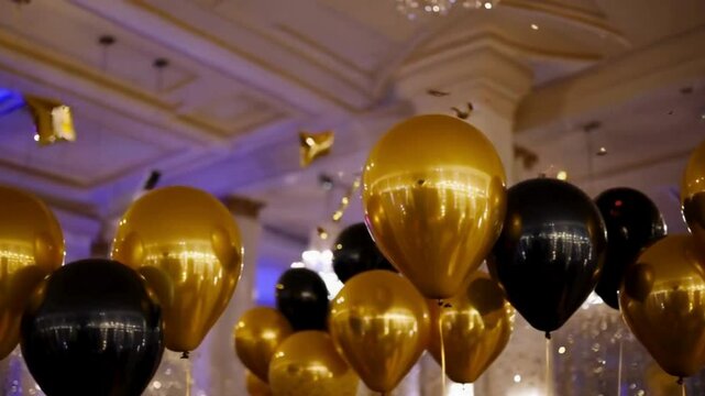 Black and gold balloons create a glamorous celebration
