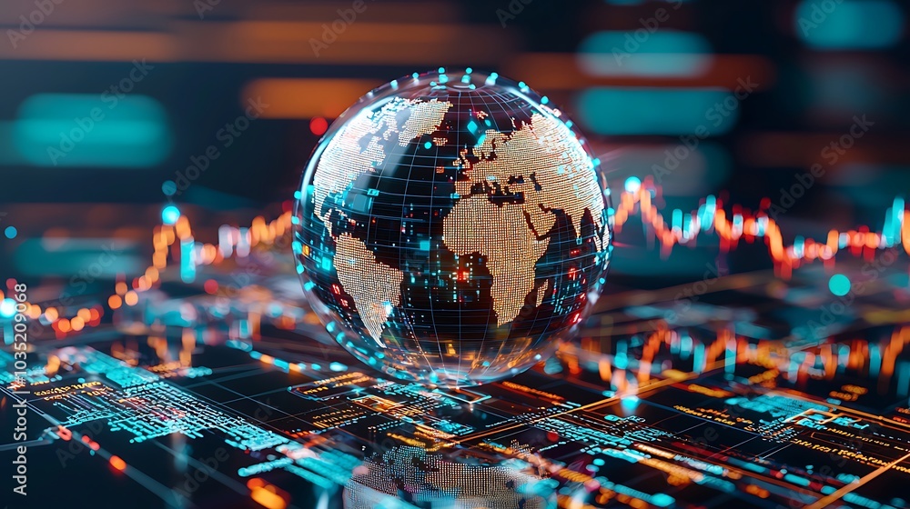 Aufkleber A vibrant digital globe surrounded by data visualizations showcasing technology and analytics, symbolizing global connectivity and innovation.