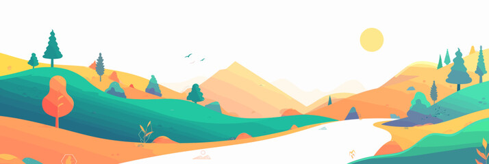 Obraz premium An illustration features a colorful, cartoonish landscape with simple shapes and minimalistic details, capturing a whimsical and playful scene.