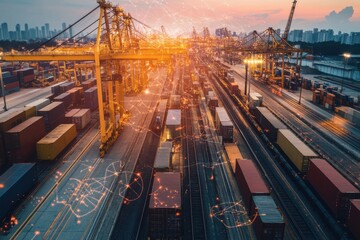 Global supply chain technology with a 3D map overlay of real-time data, tracking shipments