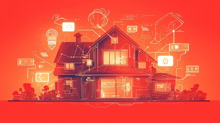 Smart home, app settings. Programming scenarios for the operation of smart home systems. Smart home system development. Engineering, red background