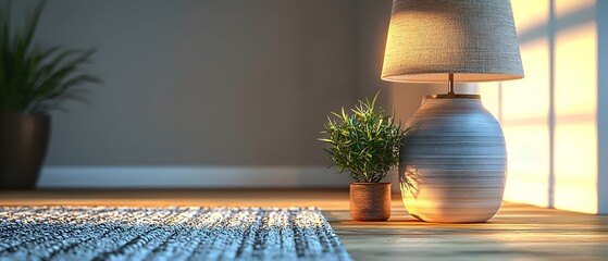 A ceramic table lamp with a fabric shade illuminates a cozy living room corner, casting a warm glow on the rug and a potted plant.