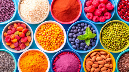 Naklejka premium A variety of spices, dried fruits, and fresh berries are beautifully displayed in bowls against a bright blue background, showcasing their vibrant colors and textures.