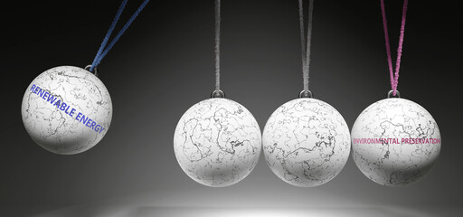 Renewable Energy and Environmental Preservation - cause and effect relationship. A Newton cradle metaphor. ,3d illustration