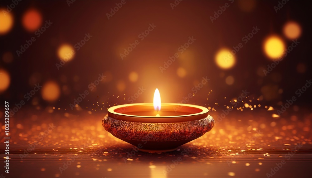 Poster a glowing candle in a decorative holder, surrounded by warm lights and sparkling particles, creating