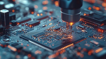 Pick and Place Technology in Modern Electronic Factory: Automated Robot Assembling Circuit Board with High-Tech Robotic Arm