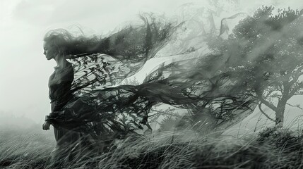 Woman in Black Dress with Flowing Hair in Foggy Forest