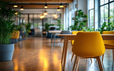 Fototapeta premium Contemporary open office layout showcasing an interior without people, highlighted by blurred bokeh lighting, tables, chairs, and ecofriendly design elements