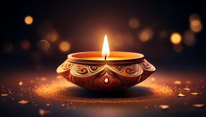 A beautifully crafted oil lamp with a flickering flame, surrounded by a soft glow and decorative elements, symbolizing light and hope.